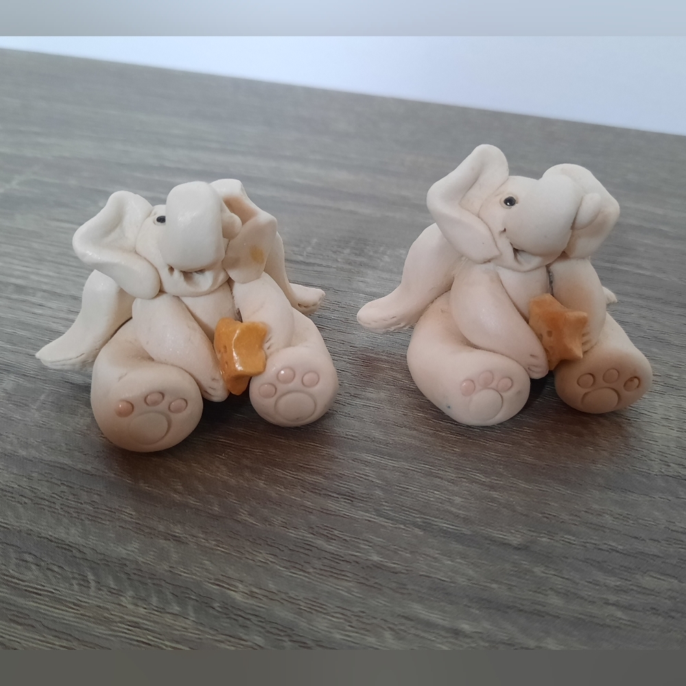 Handmade Clay Pottery Elephant Angel Miniature Figurines Artist Signed